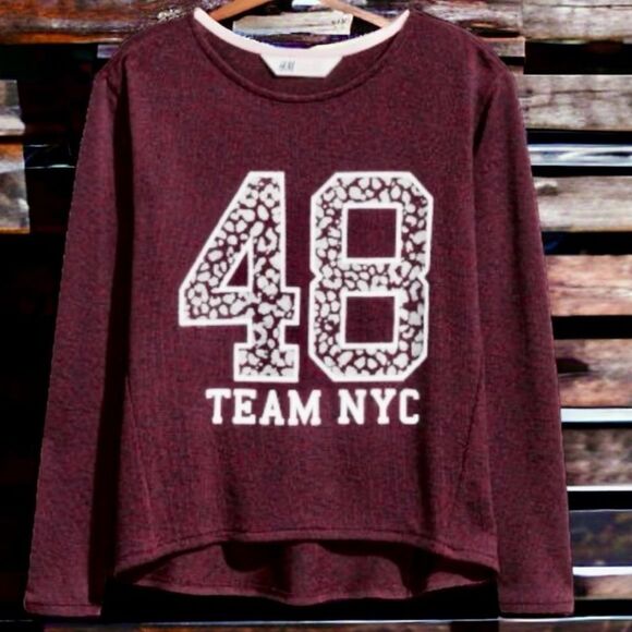 H&M Y2K Sweater Red Animal Print ‘Team NYC 48’ Semi Sheer Sparkling Size M EUC - Picture 3 of 16